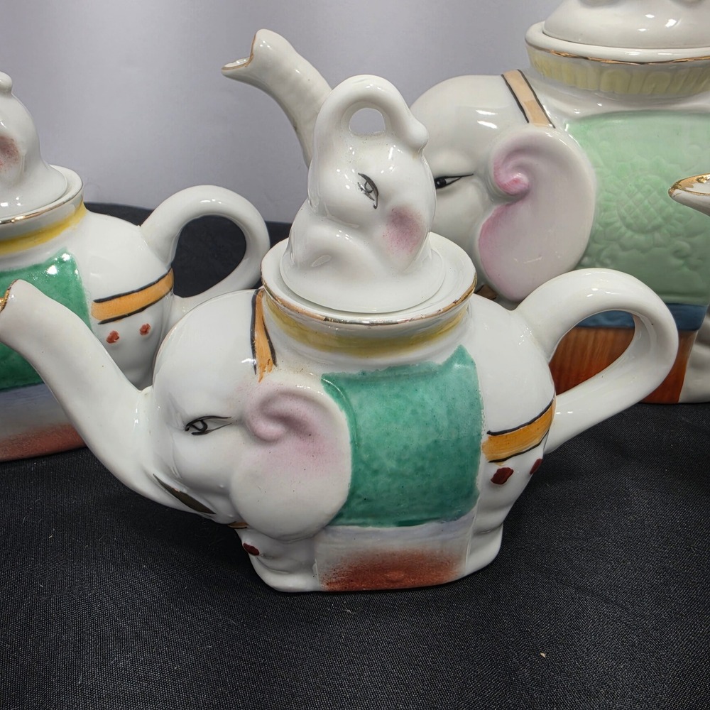 Vintage Ceramic Elephant Teapot Set of 4 Hand Painted White Gold Trim Figural - Picture 5 of 10